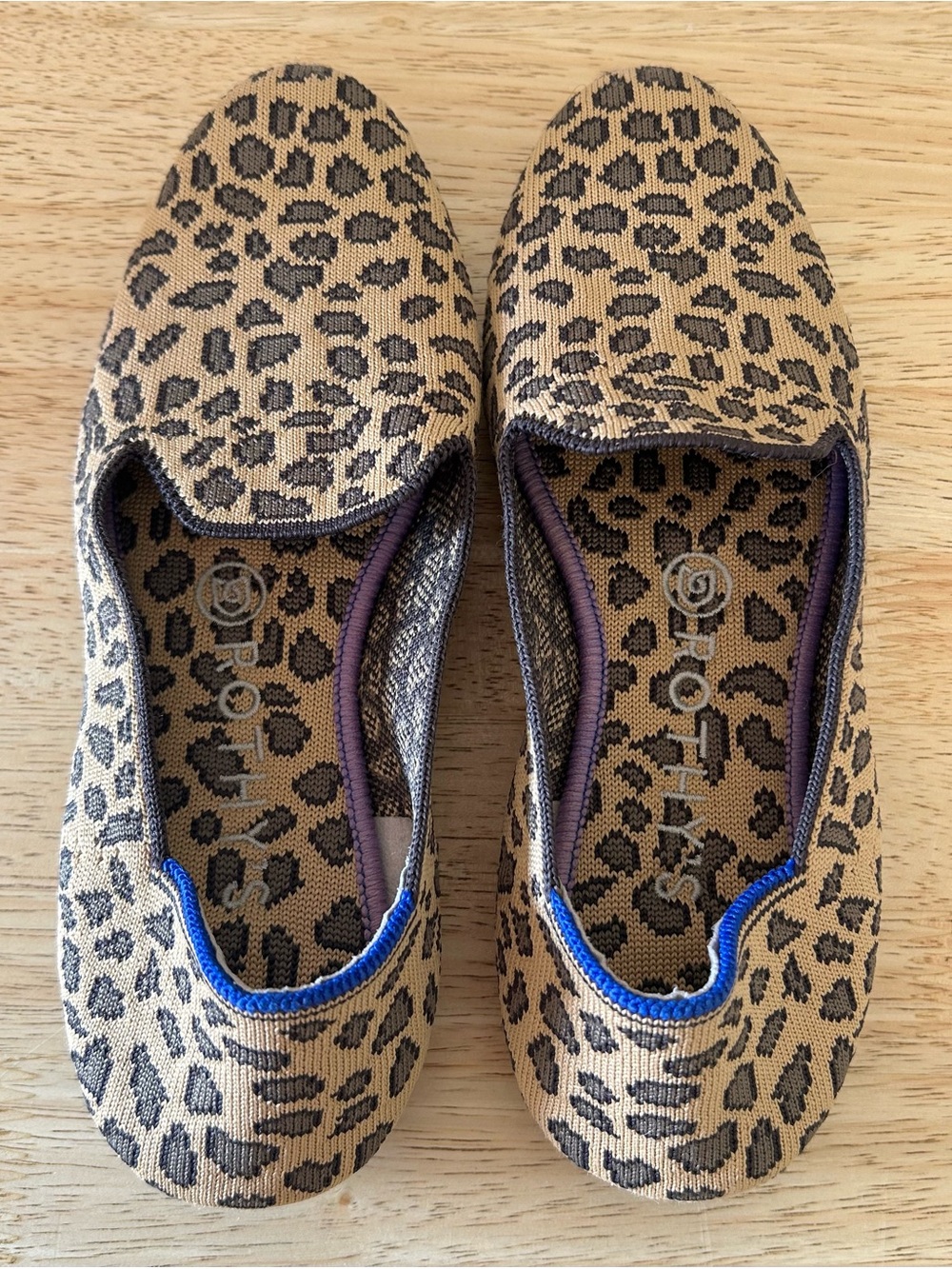 Rothy's Leopard Print Knit Flats in Tan and Black with Blue Trim - Picture 2 of 3